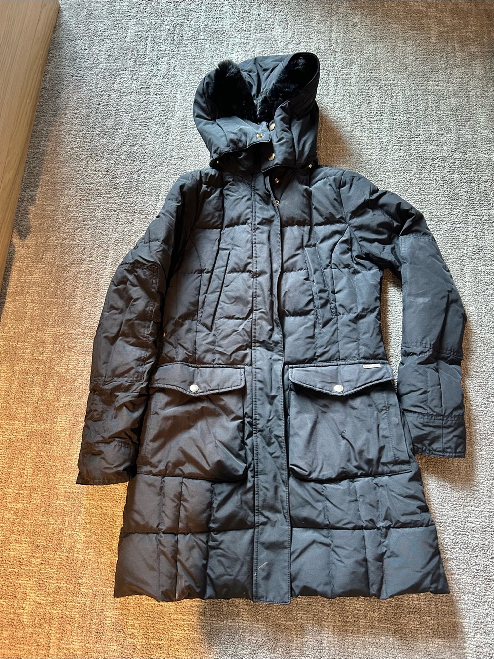 Woolrich quilted blizzard down parka size XS black goose fur mid length winter